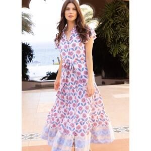 OLIPHANT Tuckernuck Ruffle Collar Button Maxi Dress Tie Waist Block Print L